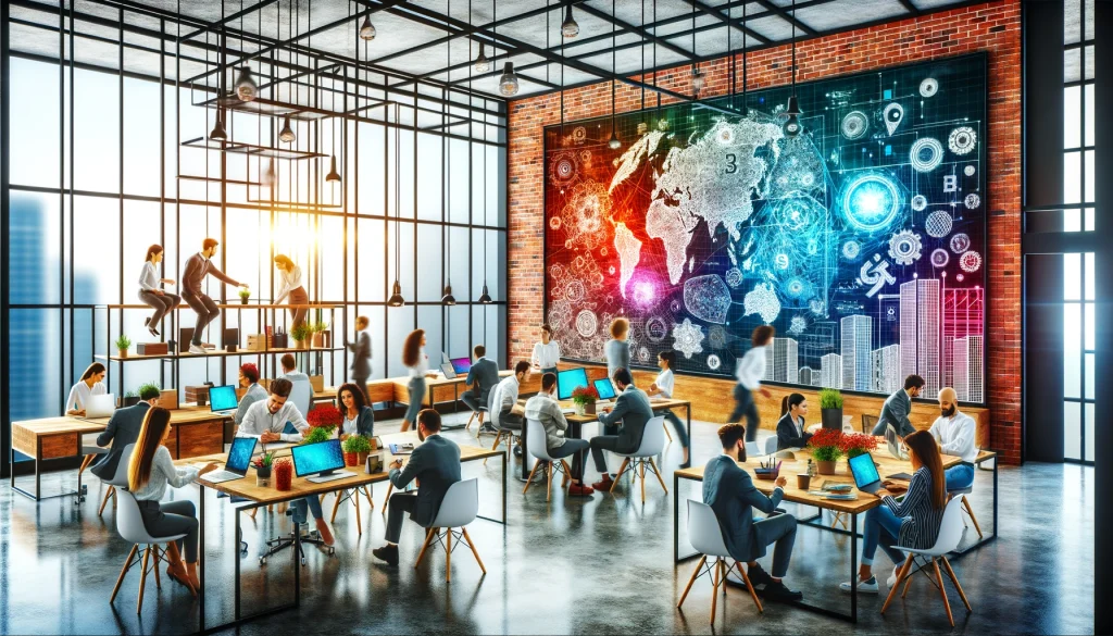 Illustration of a modern, dynamic workplace with diverse teams collaborating using the align system