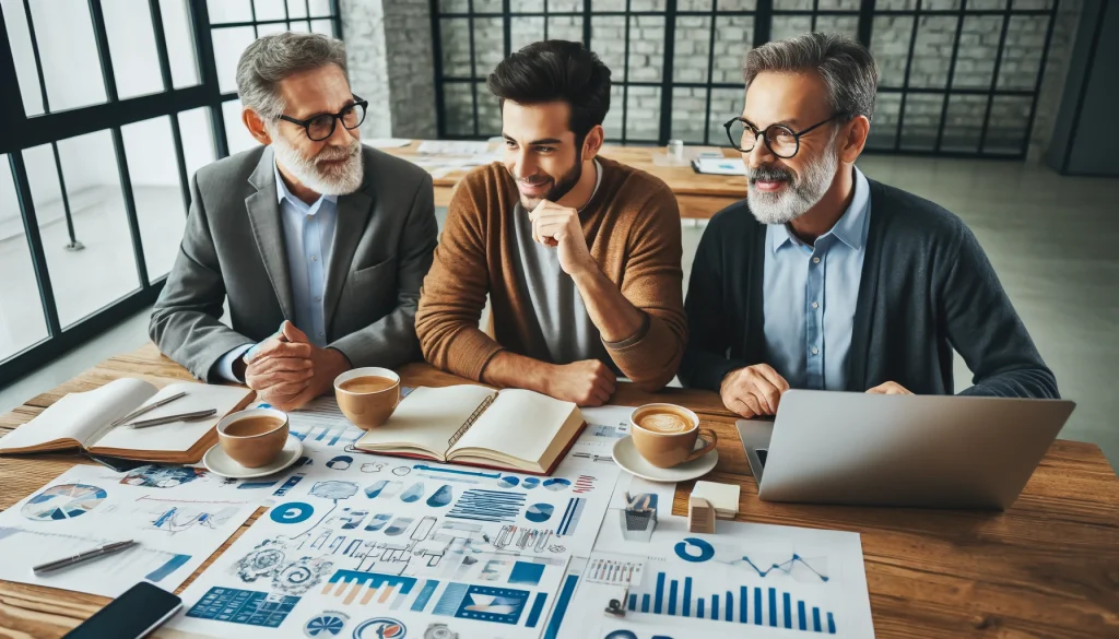 Illustration of three business coaches working together