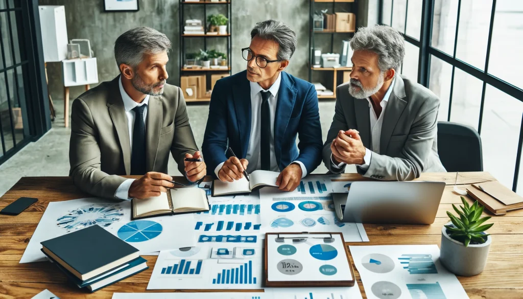 Illustration of three business coaches brainstorming together
