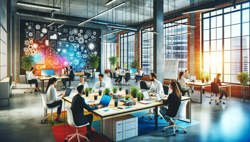 Illustration of a modern, dynamic workplace with diverse teams collaborating